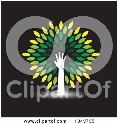 Clipart of a White Silhouetted Hand and Arm Forming the Trunk of a Tree with Green Leaves on Black - Royalty Free Vector Illustration by ColorMagic