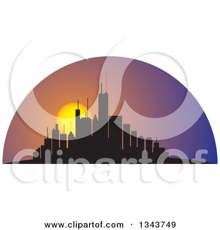 Clipart of a Silhouetted City Skyscraper Skyline with a Setting Sun - Royalty Free Vector Illustration by ColorMagic