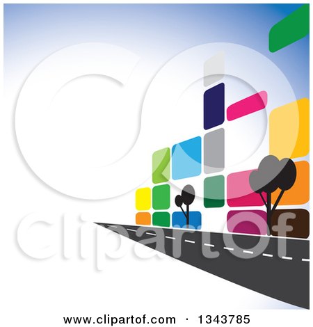 Clipart of a Colorful Street Along a City Building with Trees, over Gradient - Royalty Free Vector Illustration by ColorMagic