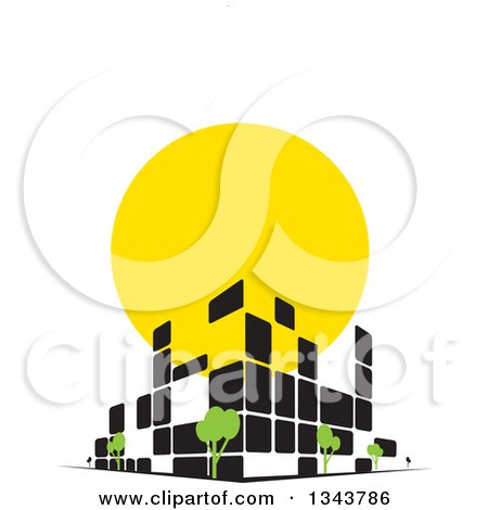 Clipart of a Street Corner City Building with Trees and a Sunset - Royalty Free Vector Illustration by ColorMagic