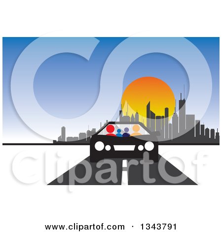 Clipart of a Colorful Family in a Black and White Car, Driving Away from a City at Sunset - Royalty Free Vector Illustration by ColorMagic