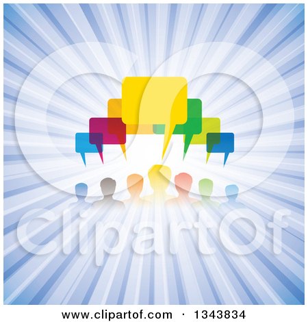 Clipart of a Colorful Group of People with Speech Balloons over Blue Rays - Royalty Free Vector Illustration by ColorMagic