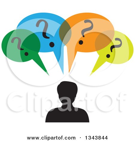 Clipart of a Silhouetted Man with Colorful Question Speech Balloons - Royalty Free Vector Illustration by ColorMagic