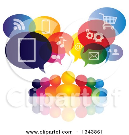 Clipart of a Colorful Group of People with Icon Speech Balloons and Reflections - Royalty Free Vector Illustration by ColorMagic