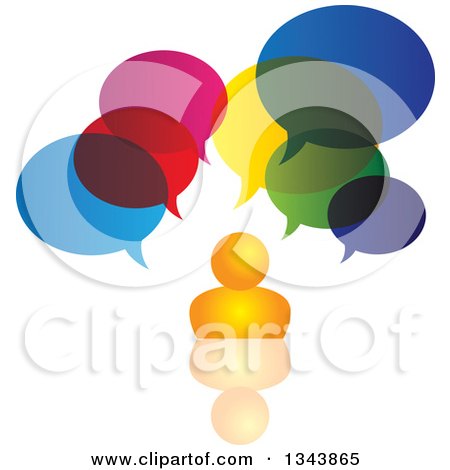 Clipart of an Orange Man with Colorful Speech Balloons and a Reflection - Royalty Free Vector Illustration by ColorMagic