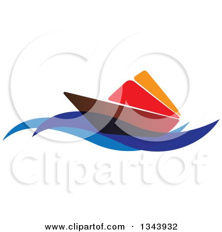 Clipart of a Brown Red and Orange Sailboat on Blue Waves - Royalty Free Vector Illustration by ColorMagic