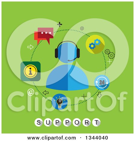 Clipart of a Flat Design Customer Service Worker with Support Text on Green - Royalty Free Vector Illustration by ColorMagic