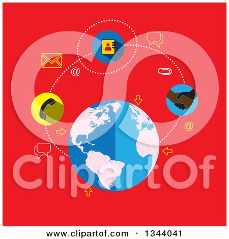 Clipart of a Flat Design Earth Globe and Contact Icons on Red - Royalty Free Vector Illustration by ColorMagic