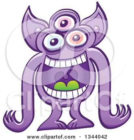 Clipart of a Cartoon Crazy Purple Three Eyed Alien or Monster Laughing - Royalty Free Vector Illustration by Zooco