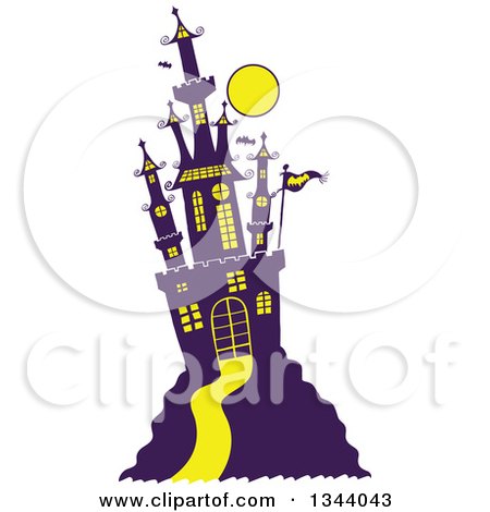 Clipart of a Cartoon Hill Top Halloween Castle with Bats and a Full Moon - Royalty Free Vector Illustration by Zooco