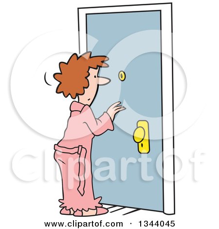Clipart of a Cartoon Caucasian Woman in a Robe, Looking Through a Peep Hole in a Door - Royalty Free Vector Illustration by Johnny Sajem