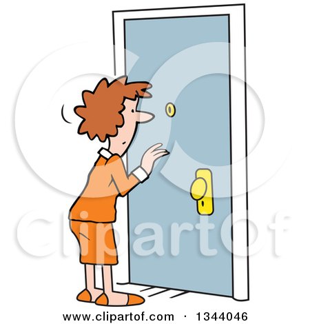 Clipart of a Cartoon Caucasian Woman Dressed for Work, Looking Through a Peep Hole in a Door - Royalty Free Vector Illustration by Johnny Sajem
