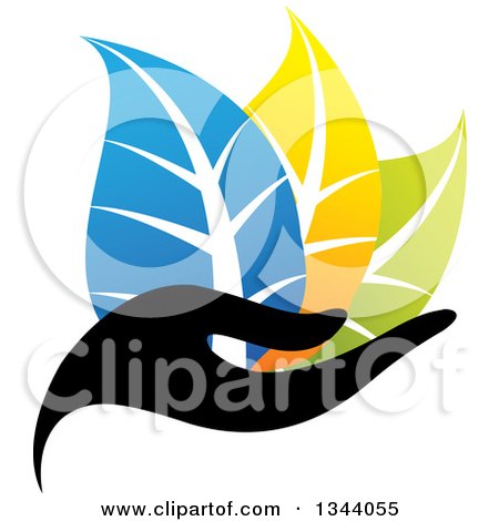 Clipart of a Black Hand Holding Blue Yellow and Green Leaves - Royalty Free Vector Illustration by ColorMagic