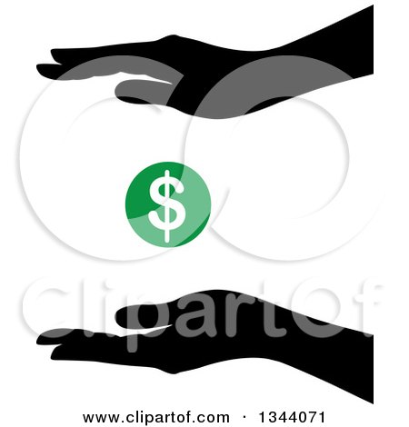 Clipart of a Pair of Black Silhouetted Hands Framing a Green Dollar Currency Symbol - Royalty Free Vector Illustration by ColorMagic