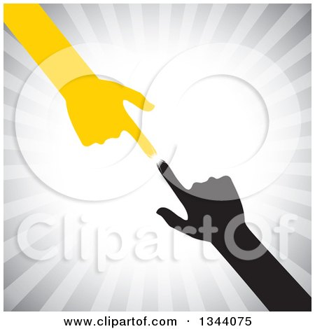 Clipart of Pointing Yellow and Black Arms and Hands Reaching for Each Other over Gray Rays - Royalty Free Vector Illustration by ColorMagic