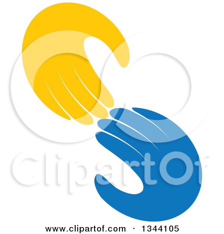 Clipart of Yellow and Blue Hands Reaching for Each Other - Royalty Free Vector Illustration by ColorMagic