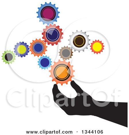 Clipart of a Black Silhouetted Hand Creating Something with Colorful Gear Cog Wheels - Royalty Free Vector Illustration by ColorMagic