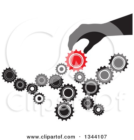 Clipart of a Black Silhouetted Hand Creating Something with Black and Red Gear Cog Wheels - Royalty Free Vector Illustration by ColorMagic