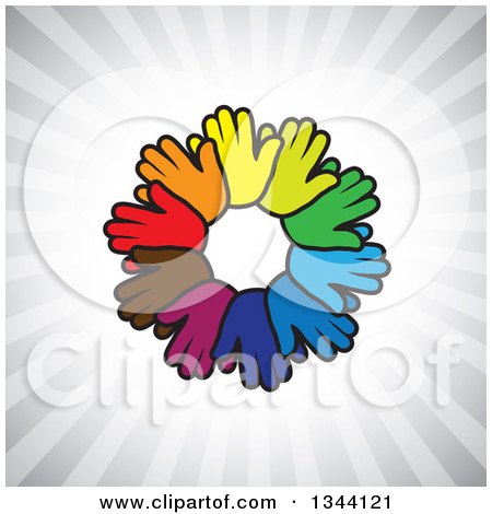Clipart of a Circle of Colorful Human Hands over Gray Rays - Royalty Free Vector Illustration by ColorMagic