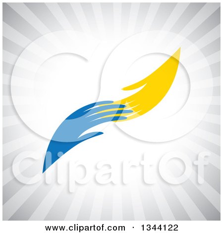 Clipart of Yellow and Blue Hands Reaching for Each Other over Gray Rays - Royalty Free Vector Illustration by ColorMagic