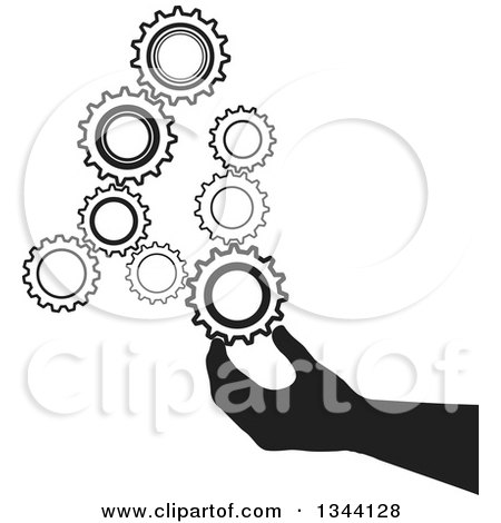 Clipart of a Black Silhouetted Hand Inserting a Gear Cog Wheel - Royalty Free Vector Illustration by ColorMagic
