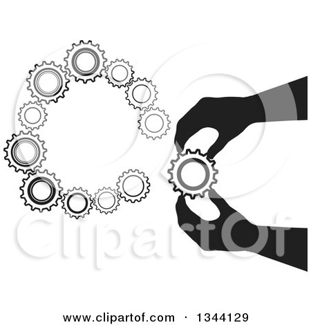 Clipart of a Black Silhouetted Hand Inserting a Gear Cog Wheel 2 - Royalty Free Vector Illustration by ColorMagic