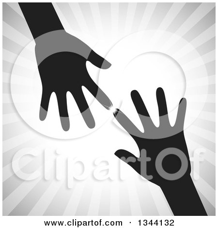 Clipart of Black Arms and Hands Reaching for Each Other over Gray Rays - Royalty Free Vector Illustration by ColorMagic