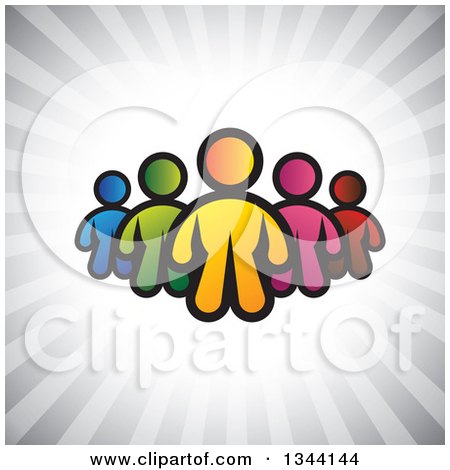 Clipart of a Group of Colorful People over Gray Rays - Royalty Free Vector Illustration by ColorMagic