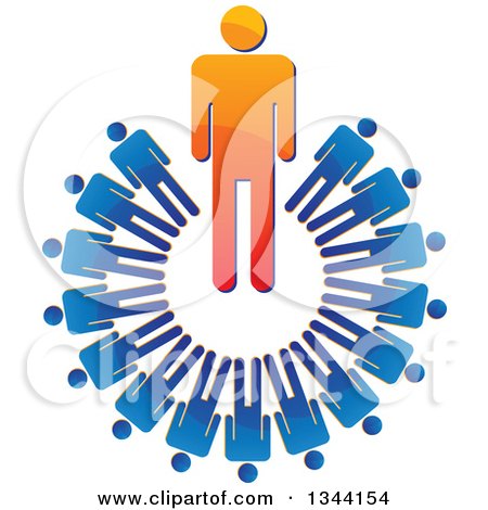 Clipart of a Shiny Orange Boss Businessman in a Circle of Blue Employees - Royalty Free Vector Illustration by ColorMagic