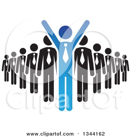 Clipart of a Blue Cheering Businessman Leading a Team - Royalty Free Vector Illustration by ColorMagic