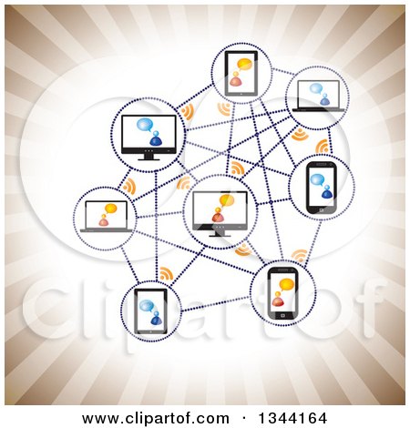 Clipart of a Network of Talking People and Gadgets, over Sepia Rays - Royalty Free Vector Illustration by ColorMagic