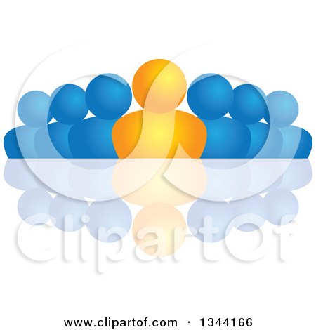 Clipart of a Gradient Orange Boss and Team of Blue People and Reflection - Royalty Free Vector Illustration by ColorMagic