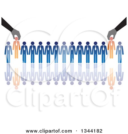 Clipart of Hands Inserting Orange Business Men in a Line of Blue Men, with a Reflection - Royalty Free Vector Illustration by ColorMagic