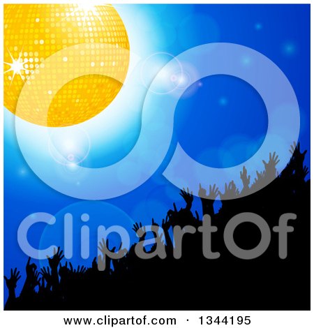 Clipart of a Silhouetted Crowd Dancing Under a Gold Disco Ball on Blue with Flares - Royalty Free Vector Illustration by elaineitalia