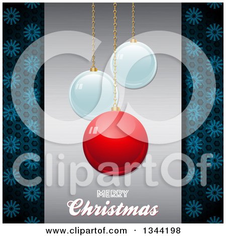 Clipart of 3d Suspended Shiny Ornaments over Merry Christmas Text on Metal with Snowflakes - Royalty Free Vector Illustration by elaineitalia