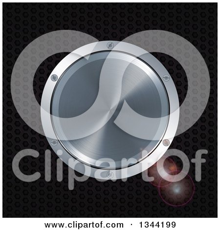 Clipart of a 3d Brushed Silver Metal Button over Black Perforated Metal with Flares - Royalty Free Vector Illustration by elaineitalia