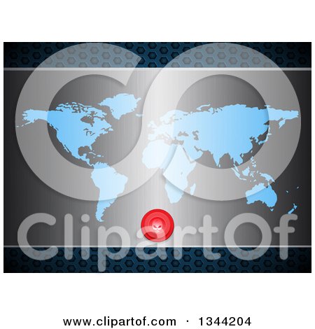 Clipart of a Blue World Map Atlas on a Brushed Metal Plaque with a Red Skull Button over Texture - Royalty Free Vector Illustration by elaineitalia