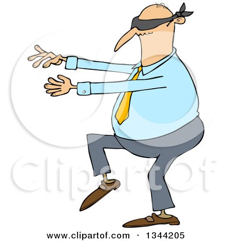 Clipart of a Cartoon Chubby White Business Man Walking Blindfolded with His Arms out - Royalty Free Vector Illustration by djart