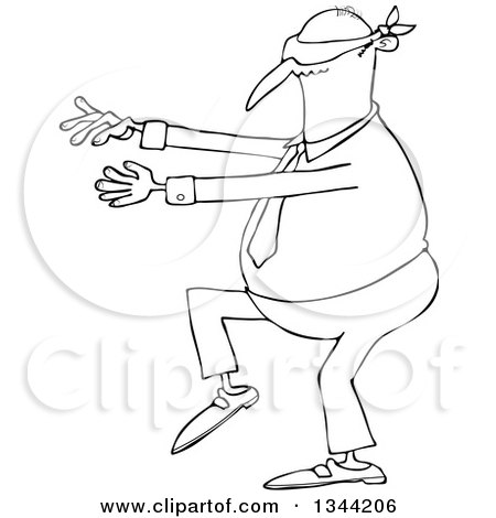 Outline Clipart of a Cartoon Black and White Chubby Business Man Walking Blindfolded with His Arms out - Royalty Free Lineart Vector Illustration by djart