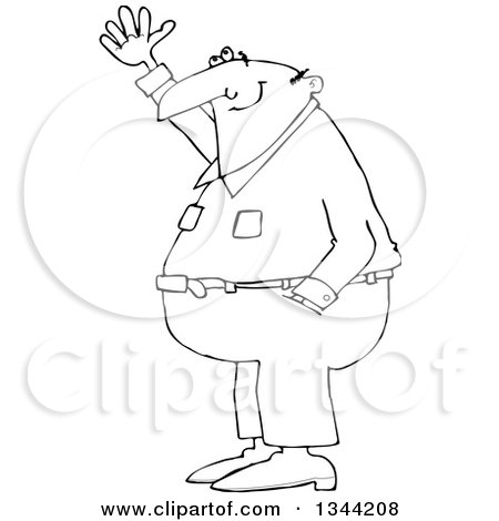 Outline Clipart of a Cartoon Black and White Chubby Man Smiling and Gesturing Upwards - Royalty Free Lineart Vector Illustration by djart