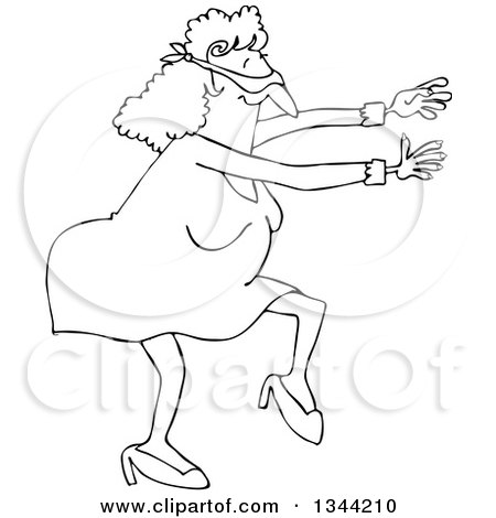 Lineart Clipart of a Cartoon Black and White Chubby Blindfolded Woman Walking and Holding Her Arms out - Royalty Free Outline Vector Illustration by djart