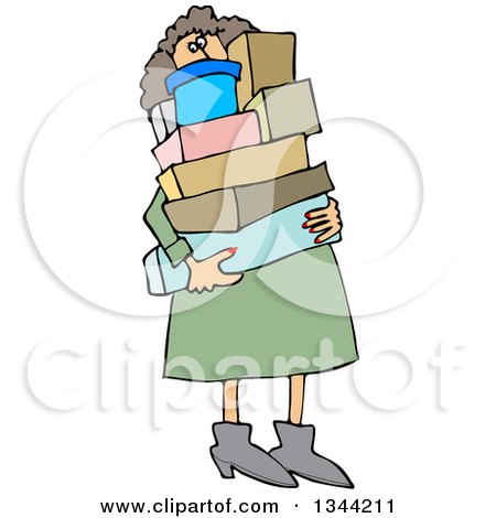 Clipart of a Cartoon Chubby White Woman Carrying a Lot of Boxes - Royalty Free Vector Illustration by djart