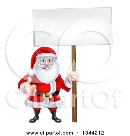Clipart of a Cartoon Happy Christmas Santa Claus Holding a Blank Sign and Giving a Thumb up - Royalty Free Vector Illustration by AtStockIllustration