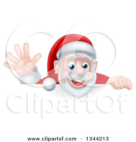 Clipart of a Cartoon Christmas Santa Claus Waving over a Sign - Royalty Free Vector Illustration by AtStockIllustration