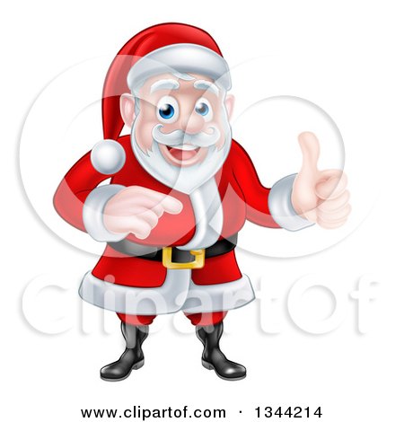 Clipart of a Cartoon Happy Christmas Santa Claus Giving a Thumb up and Pointing to the Right - Royalty Free Vector Illustration by AtStockIllustration