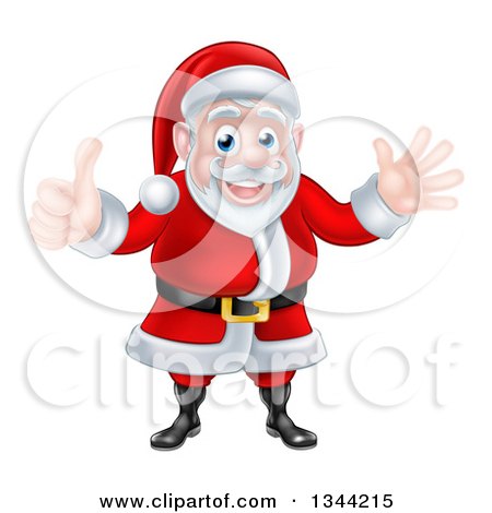 Clipart of a Cartoon Happy Christmas Santa Claus Giving a Thumb up and Waving - Royalty Free Vector Illustration by AtStockIllustration