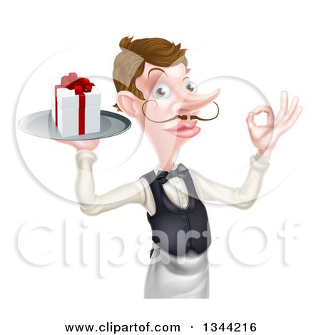 Clipart of a Cartoon Caucasian Male Waiter with a Curling Mustache, Holding a Gift on a Platter and Gesturing Ok - Royalty Free Vector Illustration by AtStockIllustration