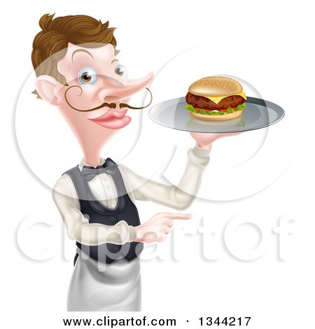 Clipart of a Cartoon Caucasian Male Waiter with a Curling Mustache, Holding a Cheeseburger on a Platter and Pointing to the Right - Royalty Free Vector Illustration by AtStockIllustration