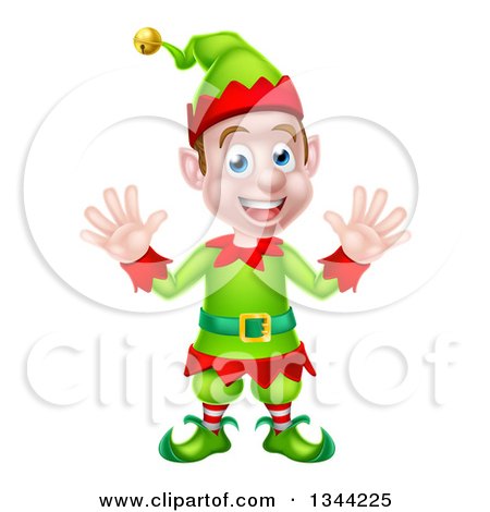 Clipart of a Cartoon Welcoming Young Brunette White Male Christmas Elf Waving with Both Hands - Royalty Free Vector Illustration by AtStockIllustration