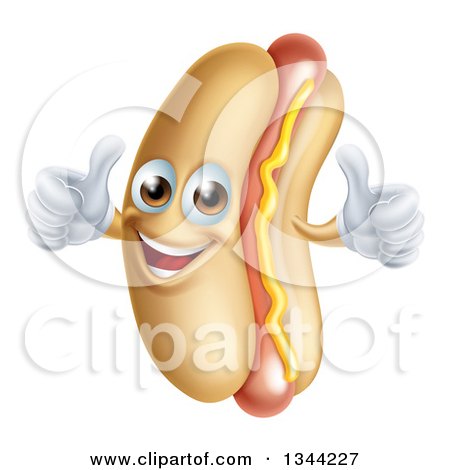Clipart of a Cartoon Happy Hot Dog Mascot with a Strip of Mustard, Giving Two Thumbs Up, Facing Left - Royalty Free Vector Illustration by AtStockIllustration